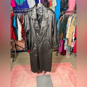 Vtg Aggio Black Leather Long Trench Coat XL P2P 24-25" Double Breasted 90s